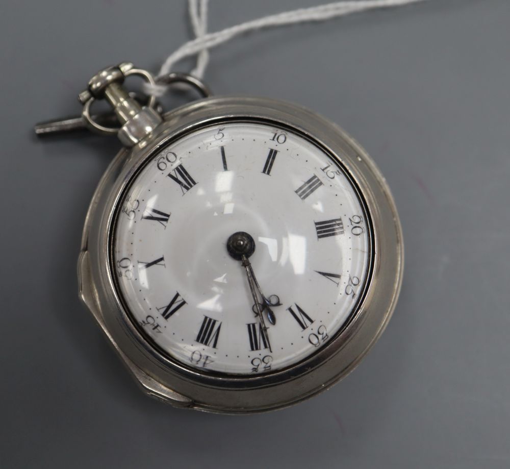 A George III silver pair cased keywind verge pocket watch by John Godden, Malling, with Roman dial, the signed movement numbered 997
